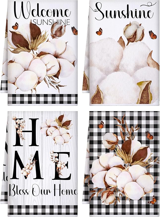 4 Pcs Farmhouse Kitchen Towels Rustic Farm Cotton Hand Dish Towel | Fast Drying Absorbent Black and White Plaid Neutral Decor Housewarming Gift for Home Cooking Kitchen Bathroom