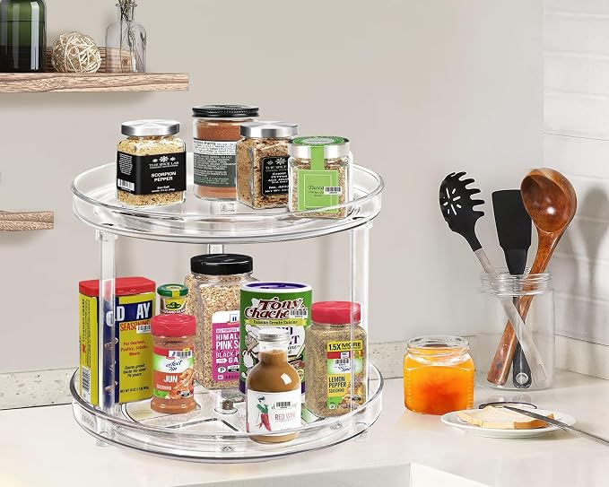 2 Tier Lazy Susan Organizer D:10.6 Inch | Clear Makeup Skincare Organizer for Vanity, Bathroom Countertop Organizer, Spice Rack Organizer