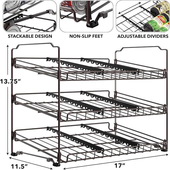 Simple Houseware 3-Tier Stackable Can Organizer Rack Hold 36 Cans, Bronze | Can Food Storage Dispenser for Pantry/Cabinet, Adjustable Dividers – 11.5" D x 17" W x 13.75" H