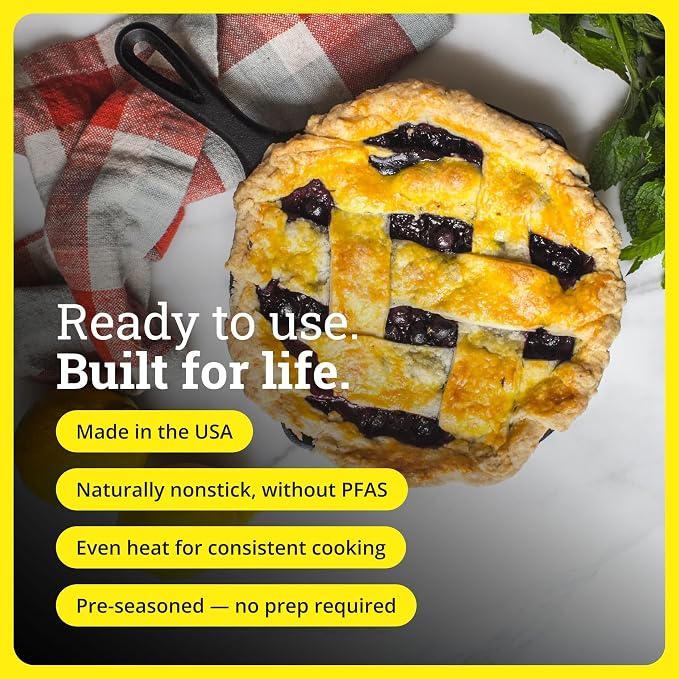 Lodge Seasoned Cast Iron Skillet 9 Inches - PFAS-Free, Non-Toxic Cookware - Use with an Oven, Stove, Grill, or Campfire - Naturally Non-Stick & Oven Safe