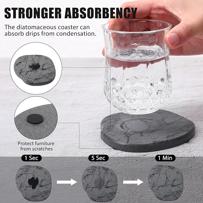 Diatomaceous Earth Coasters Set of 4，Cool Absorbent Quick-Dry Drink Coasters for Desks, Cute Modern Stone Design with Stylish White Aesthetic (4, Marble Grey)