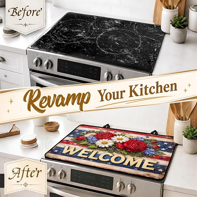 Patriotic Electric Stove Top Cover | Heat Resistant Glass Cooktop Protector for Kitchen Ceramic Countertops, Multiuse Stove Cover and Dish Drying Mat