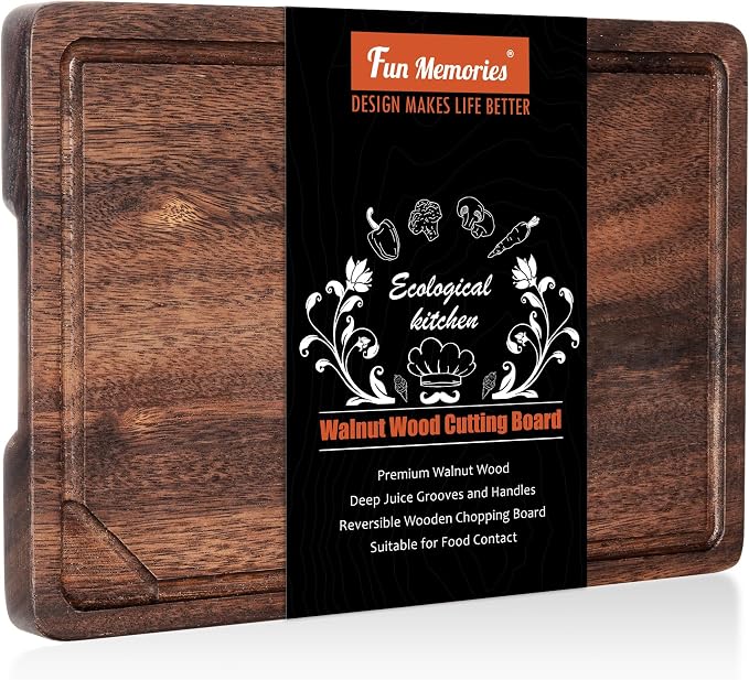 Fun Memories Black Walnut Cutting Board for Kitchen, Reversible Large Butcher Block Board, Large Wood Cutting Board Carving Board with Juice Groove & Concealed Handlers, 12"x8" (Gift Box)