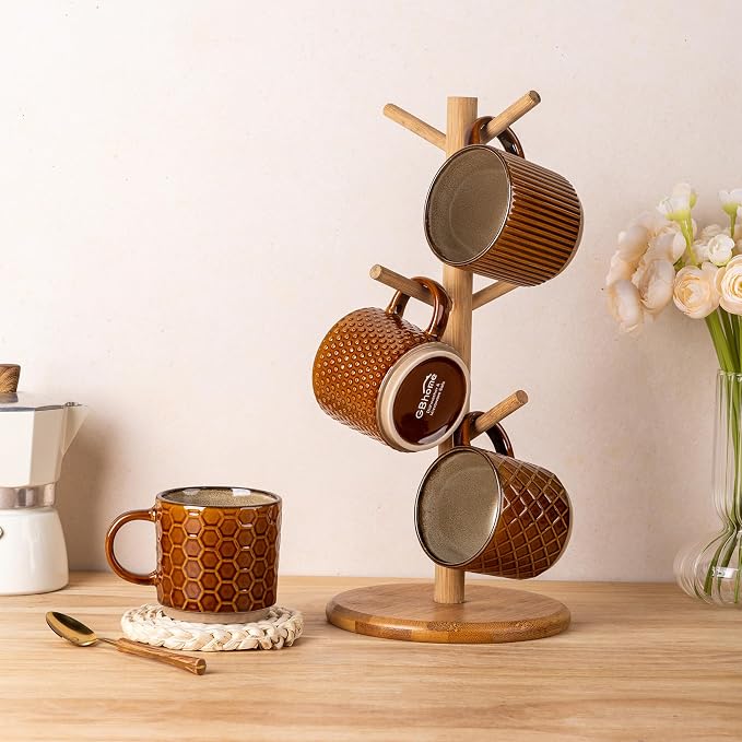 GBhome 6 OZ Stackable Coffee Mugs Set of 4, Ceramic Coffee Cups Set | 4 Assorted Designs, Embossed Mugs with Texture Patterns for Espresso/Tea, Dishwasher&Microwave Safe, Caramel