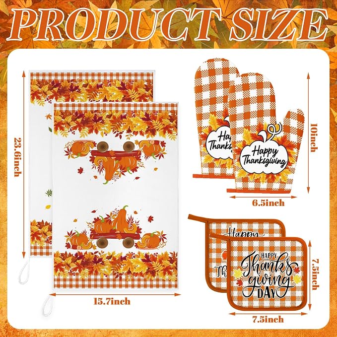 Leinuosen 6 Pack Thanksgiving Kitchen Set with 2 Gnome Dish Towels, 2 Maple Leaves Pot Holders and 2 Car Oven Mitts for Gifting, Baking, and Cooking Accessories