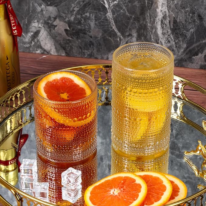 Moretoes Hobnail Drinking Glasses Set of 6, Vintage Water Glass Cups | 12 Oz Highball Glasses & 10 Oz Cocktail Glasses, Clear Embossed Boho Kitchen Bar Tumbler for Whiskey, Beer, Juice, Milk