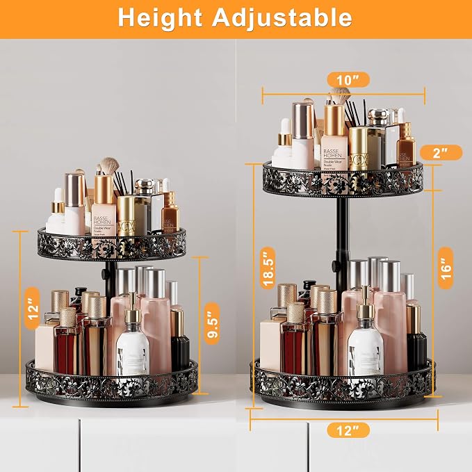 2 Tier Lazy Susan Organizer Turntable Height Adjustable, Black | 12 Inch Two Tier Lazy Susan,Metal Easy Assembly Spice Rack Organizer Rotating for Cabinet Dining Table Top Kitchen Countertop