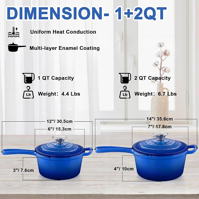 Leonyo 1Qt & 2Qt Saucepan Set, Cast Iron Dutch Oven Kitchen Pot, Dark Blue | For All Cooktops Cooking Pasta, Milk, Oatmeal - Up to 500°F & Nonstick