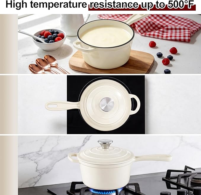 Leonyo 1Qt Enamel Cast Iron Sauce Pan, Induction Cooking Pots, Cream White | For All Kitchen Cooktops Cooking Baking Bread, Soup, Ramen, Up to 500°F & 4.4Lbs