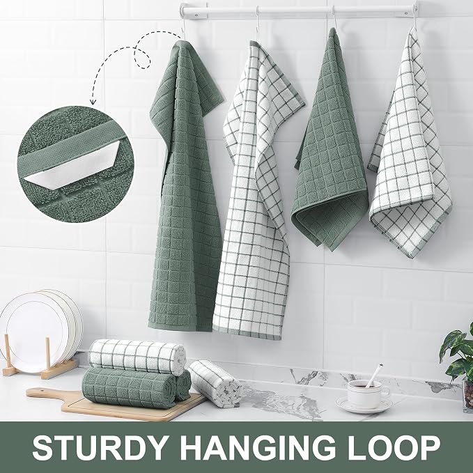 Homaxy Large Premium Cotton Kitchen Towels 16"x 28", 4 Pack, Sage Green | Natural Ring Spun 390 GSM Dish Towels, Super Absorbent Terry Kitchen Hand Towels, Soft Tea Towels with Hanging Loop