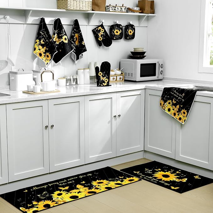 Fourluoo 10 Pcs Sunflower Butterfly Kitchen Dish Towels Rugs Oven Mitts and Pot Holders Set Farmhouse Kitchen Decor Set for Women Mom Daughter Gift Cooking Baking Grilling (Bright Black)