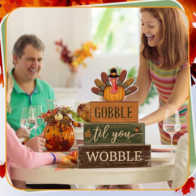 Lineshading Wooden Turkey Thanksgiving Decor Gobble Fall Table Sign Rustic | Stacked Blocks with Wobble Phrase, Rustic Farmhouse Style for Tiered Tray Centerpiece, Harvest Autumn Kitchen Table Accents