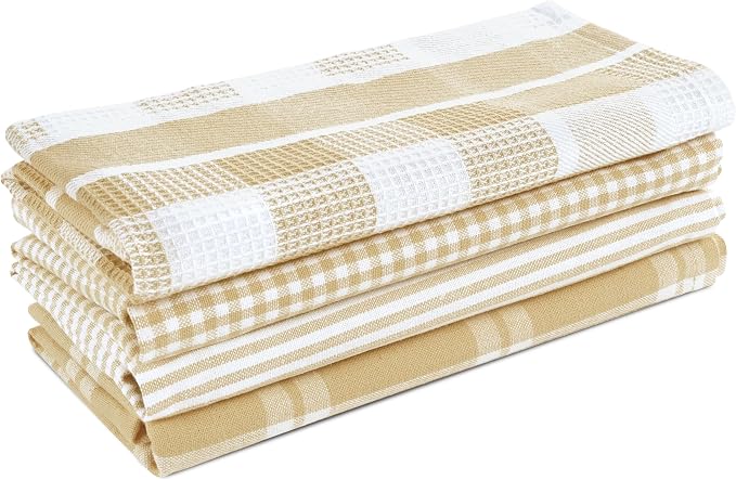 LANE LINEN 100% Cotton Kitchen Dish Cloths, Ultra Soft Absorbent Quick Drying Dish Towels, Multiweave Wash Cloths Dish Towel Sets, 13x28 Inches, 4 Pack - Beige