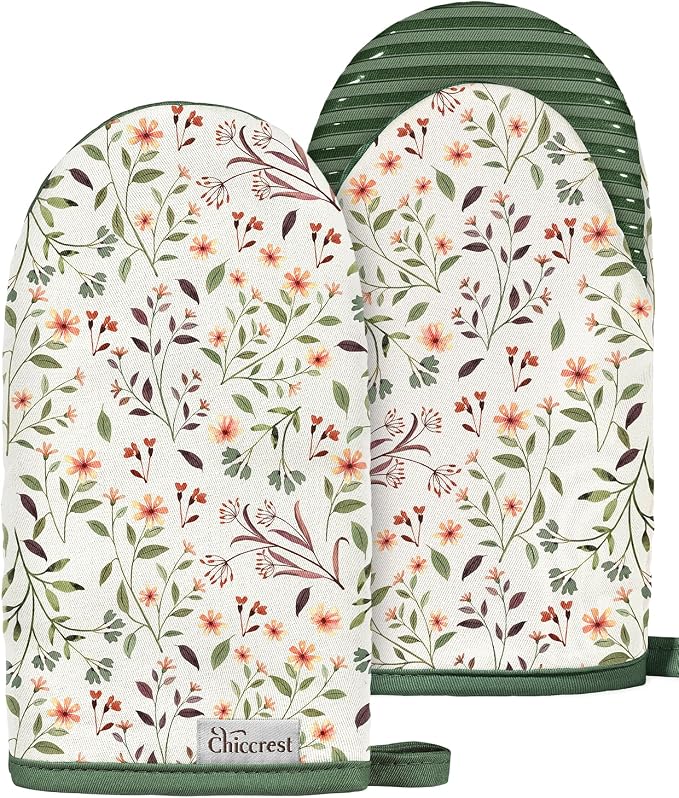 100% Thick Cotton Mini Oven Mitts Silicone Grip Watercolor Floral | Girly Cute Oven Mitts for Women, Machine Washable, Non-Slip, Reversible Design Fits Both Hands, Stylish Kitchen Decor