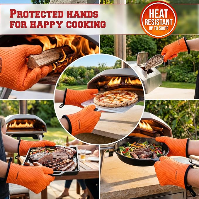 Kitchen perfection Silicone Pizza Oven Gloves - Heat Resistant Oven Mitts | Waterproof, 5-Finger Design For A Better Grip, for Outdoor & Indoor Pizza Ovens, Compatible with Ooni, Ninja, Gozney & More