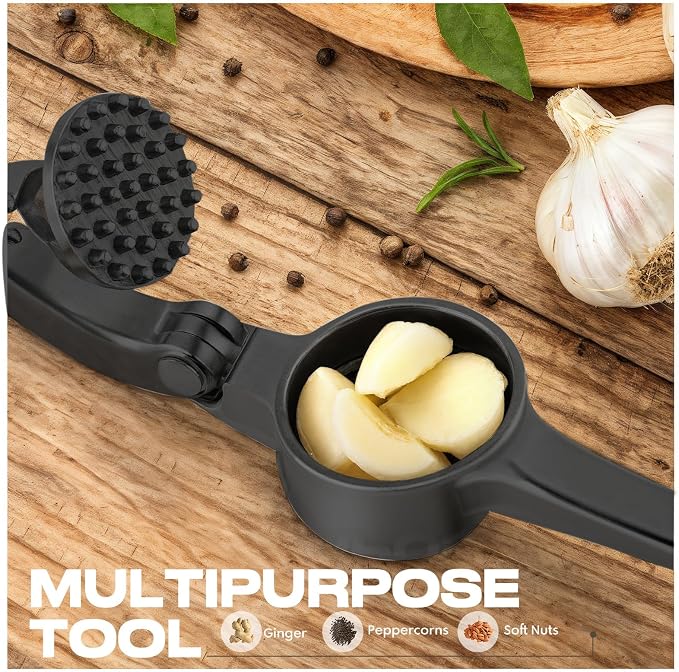 Kitchen Garlic Press, Rust Proof & Dishwasher Safe Garlic Mincer, Durable Garlic Crusher Set with Peeler＆Brush, Easy to Clean and Squeeze, Black