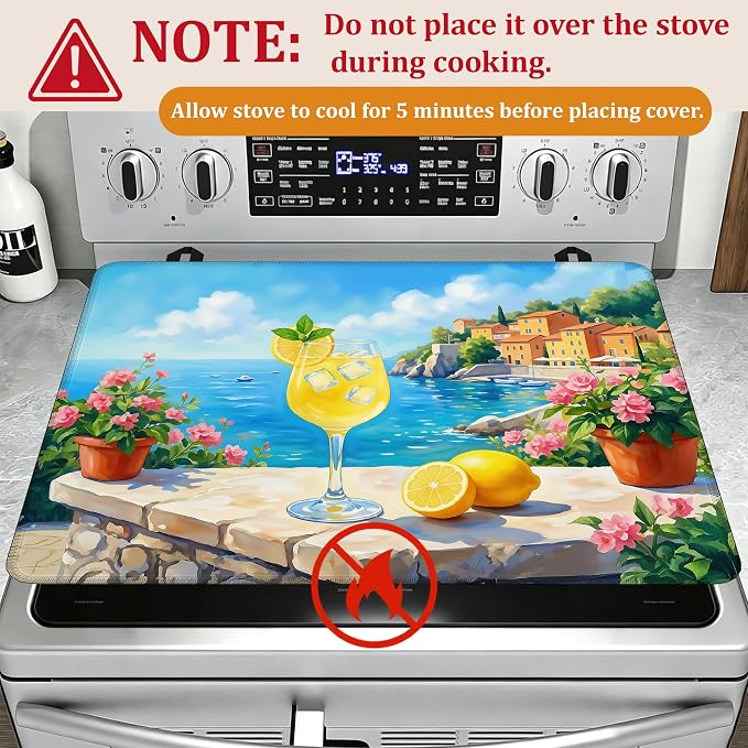 Stove Top Covers for Electric Stove,Summer Lemon Juice Flat Top Stove Cover,Potted Flowers Heat Resistant Glass Top Stove Cover Protector Anti-Slip Range Covers, 28 x 20 Inch