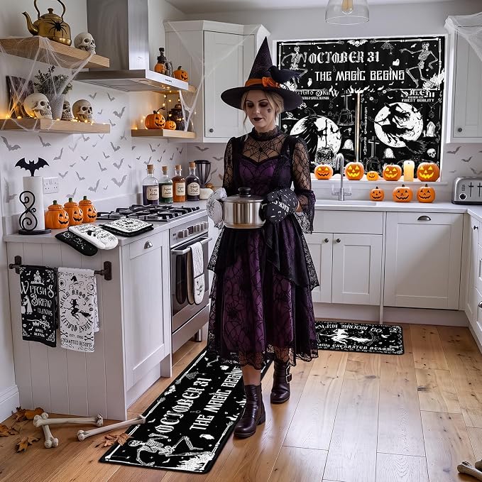 13 Pcs Halloween Kitchen Decor Set 3 Witch Kitchen Curtains Valance 2 Black Rugs and Mats 4 Towels 2 Pot Holders 2 Oven Mitts for Home Decor Cooking Grilling Housewarming Gift