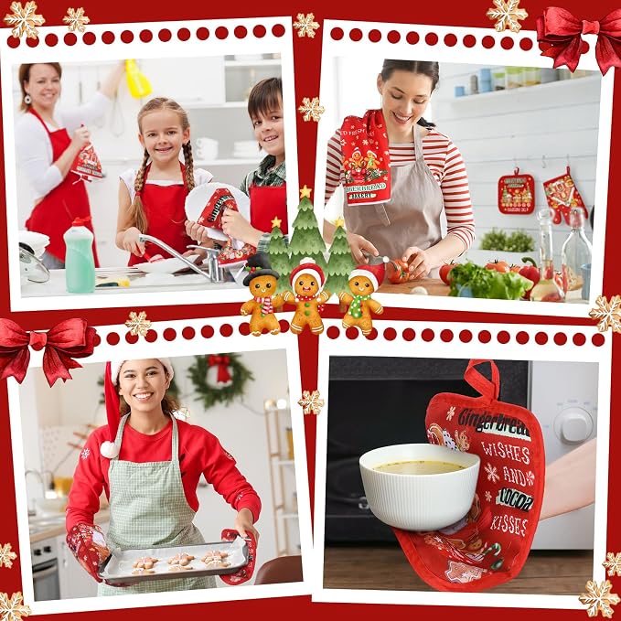 SiliFine 12 Pcs Christmas Kitchen Accessories Set Gingerbread Man Pot Holders Gingerbread House Oven Mitts Xmas Candy Kitchen Towels for Christmas Home Decorations, Cooking Baking Holiday Gifts