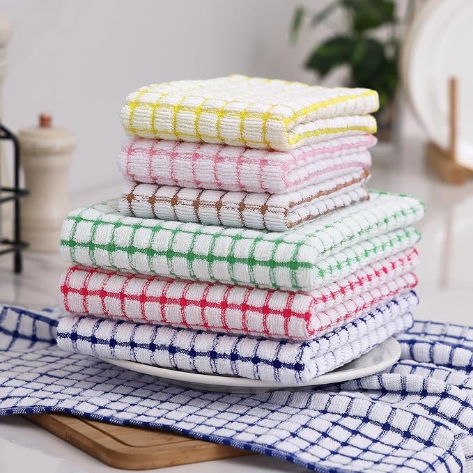 Homaxy Kitchen Towels and Dishcloths Set (16”x 25” and 12”x 12”, 12 Pack) | Cotton Terry Kitchen Dish Towels, Super Soft and Absorbent Dish Cloths, Black/Grey/Yellow/Green