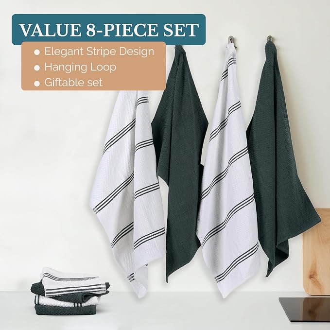 Casa Platino Kitchen Towel Set 8 Pc - 4 Dish Towels (16"x26") & 4 Dish Cloths for Washing Dishes (13"x13") - Absorbent Tea Towels, Quick Drying & Durable Cleaning Cloths, Easy Care Wash Rags - Grey.