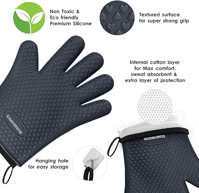 KITCHEN PERFECTION Silicone Smoker BBQ Gloves - Heat Resistant Oven Mitts | Waterproof, 5-Finger Design For A Better Grip, for Pitmasters, Meat Smoking, Grilling, Cooking, Frying Turkey | Grill Gift