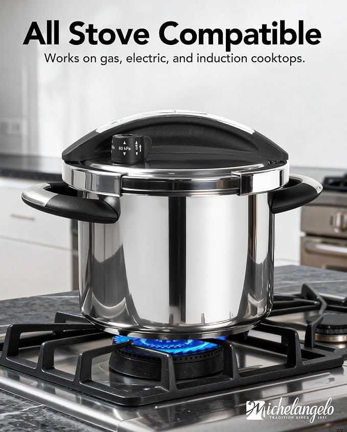 MICHELANGELO 6.3QT Pressure Cooker Stainless Steel, Induction Ready | Safer Pressure Control for Beans, Stews, Rice and Broth, One-Touch Locking Lid, with Glass Lid, Steamer and A Spare Gasket