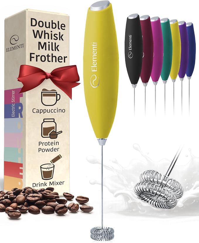 Elementi Milk Frother Wand - Easy to Use Handheld Electric Stirrer for Powder Drinks, Durable & Powerful Coffee Whisk & Protein Powder Mixer Wand, Hand Frother, Coffee Stirrers Electric (Yellow)