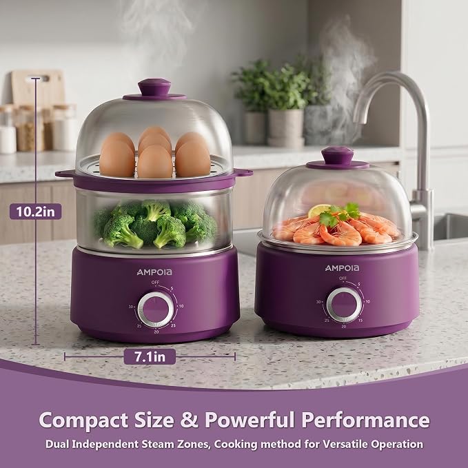 14 Eggs Electric Egg Cooker, 350W Rapid Egg Boiler with 30-Min Timer & Auto Shut-Off, Stainless Steel, Dishwasher Safe for Soft, Medium, Hard Boiled, Steamed Eggs, Vegetables & Seafood, Purple