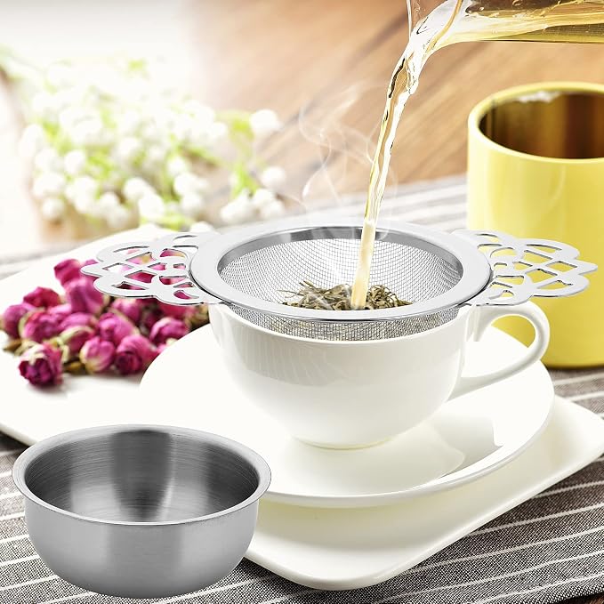 2 Pack Small Fine Mesh Tea Strainers with Bowl, Stainless Steel Loose Tea Infusers Strainers 7 cm Diameter Tea Filter with Double Wing Extender Ideal for Loose Tea Juice Coffee Filter