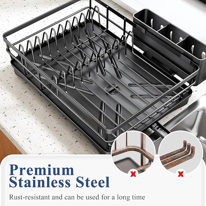 SNTD Dish Drying Rack for Kitchen Counter, 11.8" W x 16.7" L, Black | Rustproof Stainless Steel, Large Capacity, Self-Draining Drainboard, Rotating Spout, Removable Utensil Holder