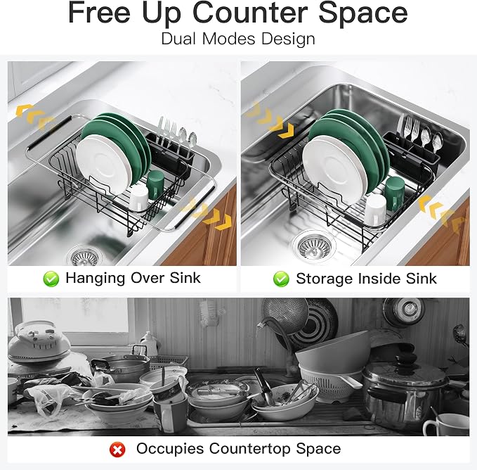 JASIWAY Black Dish Drying Rack in Sink with Utensil Holder, RV, Apartment | Over Sink Expandable Stainless Steel Dish Drainers for Compact Kitchen, Space Saving, Fast Drain, Rustproof, For 1-2 people