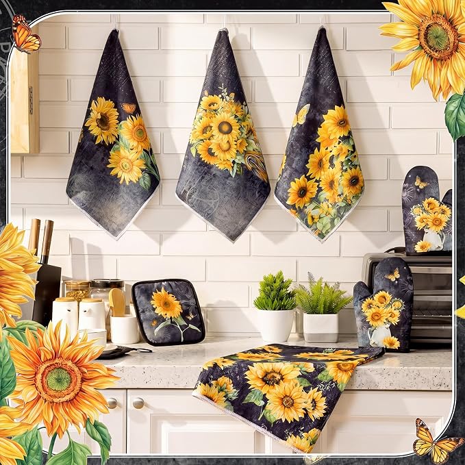 Leinuosen 8 Pcs Black Sunflower Kitchen Towels and Dishcloths Sets Pot Holders and Oven Mitts Sets Absorbent Kitchen Gloves Potholders Heat Resistant for Chef Baking Cooking