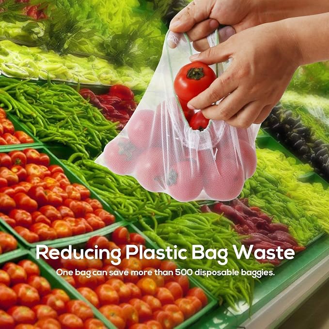 SPLF 18 Pcs Heavy Duty Reusable Mesh Produce Bags | Barcode Scanable See Through Food Safe Mesh Bags with Drawstring for Fruits, Vegetable, Food, Toys, Grocery Storage