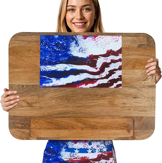 Rustic Mango Wood NOODLE BOARD –28x20 Extra Large Stove Top Cover Cutting Board -Farmhouse Kitchen Décor, Juice Groove & Handles, Mona Lisa & US Flag Art Serving Tray