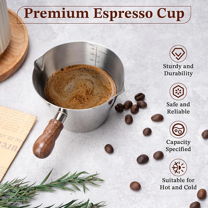 Amrules 6.8oz Espresso Measuring Cup with Wood Handle & Double Spout,Silver | 18/8 Stainless Steel & Wood Handle, V-Shaped Spout for Precision Pouring, Clear Scale Markings, for Coffee, Milk, Tea & Syrup