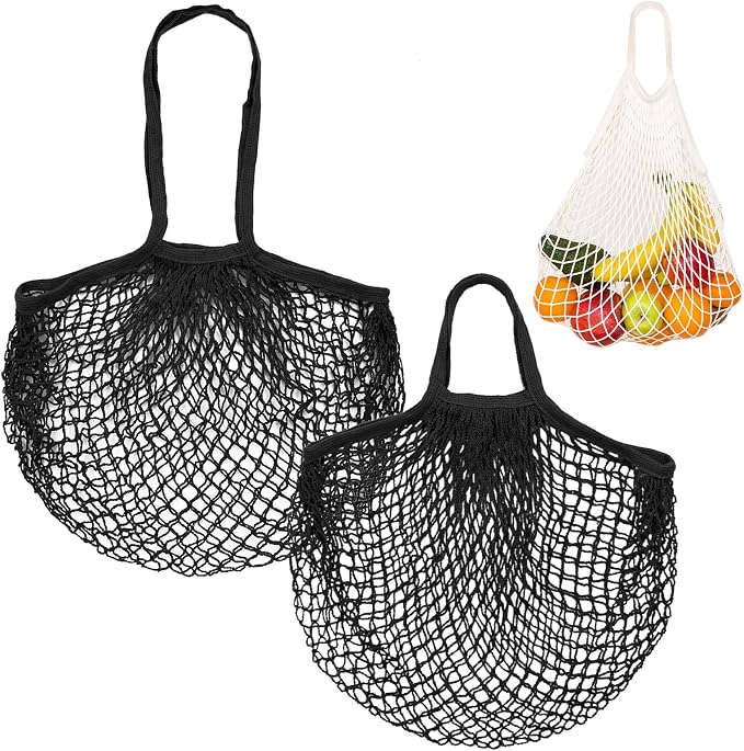 M METERXITY 2-Pack Cotton Mesh Bag, Reusable Washable Mesh Net String Grocery Bags, Reusable Produce Bags with Handle, Net Tote Bag for Fruits/Vegetables Shopping [Black, Long&Short Handle]
