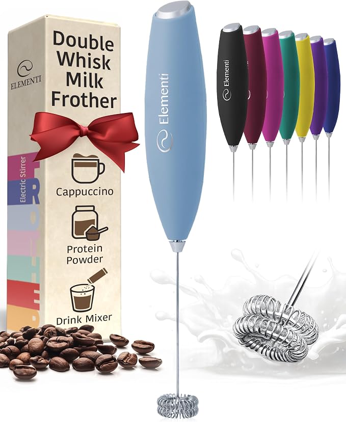 Elementi Milk Frother Wand - Easy to Use Handheld Electric Stirrer for Powder Drinks, Durable & Powerful Coffee Whisk & Protein Powder Mixer Wand, Hand Frother, Coffee Stirrers Electric (Pastel Blue)