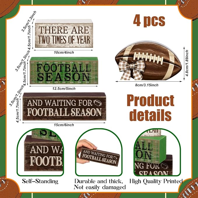 Lineshading 4 Pcs Football Tiered Tray Decor Wood Blocks Stackable Table | Stackable Centerpiece with Quotes, Party Decorations for Game Day Tailgate, Shelf Fireplace Display, Gift for Fans Club