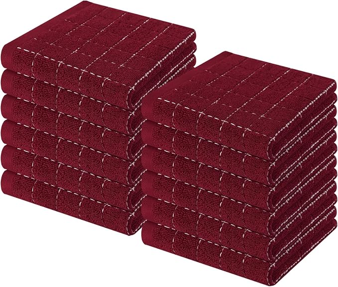 Homaxy 100% Cotton Terry Kitchen Dish Cloths, 12 Pack, Burgundy | Ultra Soft and Absorbent, Suitable for Drying and Washing Dishes
