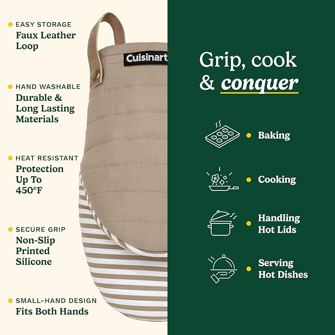 Cuisinart Mini Oven Mitts, 2-Pack 5.5"x8", Printed Silicone, 450F | Non-slip grip stripes, faux leather hang loop, cotton lining for comfort, ambidextrous for baking, cooking, and cast iron