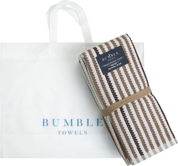 Bumble Kitchen Towels 6 Pack 100% Cotton 16"x26" - Tan Wide Stripe | 430 GSM Soft Kitchen Hand Towels with Hanging Loop, Highly Absorbent & Durable for Washing and Drying Dishes