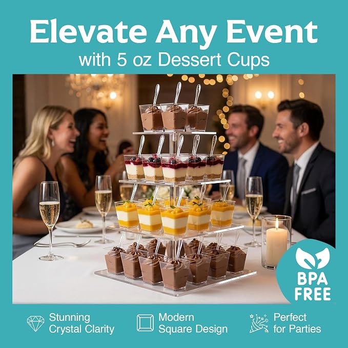 100 Pack 5 oz Plastic Dessert Cups with Spoons, Banana Pudding | 200 pcs serves 100; disposable clear shooters for party, individual yogurt parfait, jello, fruit trifle, mousse, cake