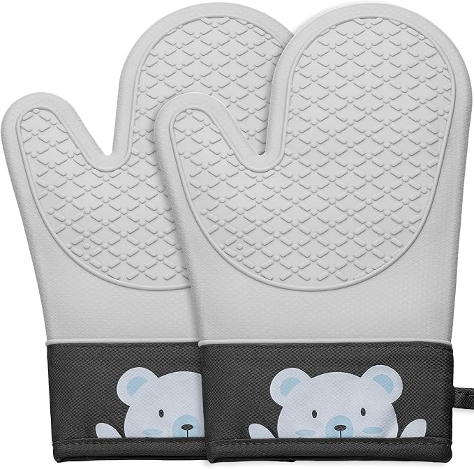 Silicone Oven Mitts Heat Resistant 500F, 2PCS Cute Bear Pattern Kitchen Oven Gloves with Cotton Lining, BPA-Free Baking Gloves - Flexible Non-Slip Grip Kitchen Mitts for Cooking Baking BBQ
