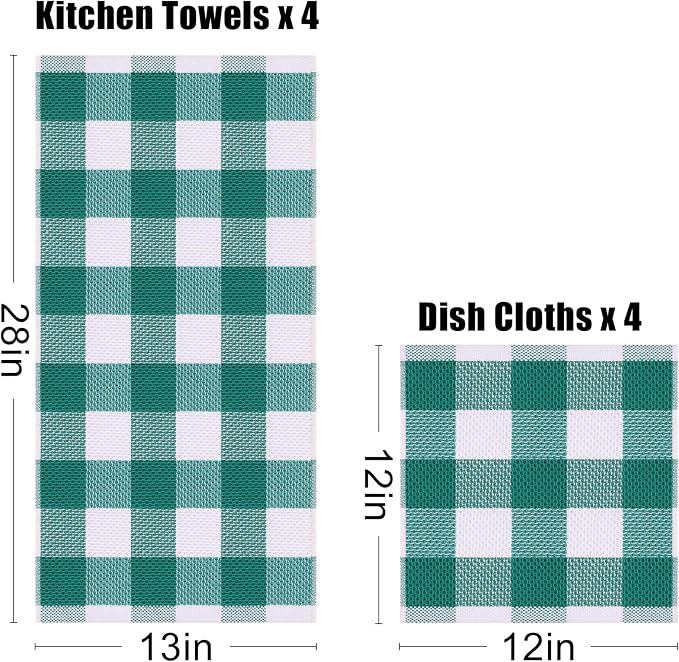Homaxy Kitchen Towels and Dishcloths Set, Set of 8, White & Teal | Bulk Cotton Waffle Weave Check Plaid Kitchen Towels, Super Soft and Absorbent Dish Cloths, 12 x 12 and 13 x 28 Inches