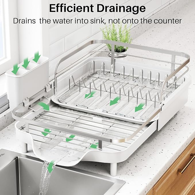 SNTD Expandable Dish Drying Rack for Kitchen Counter, 15.2-22.1 in, White | Rust-Resistant Stainless Steel, Protective Side Rails, Self-Draining Drainboard, Removable Utensil Holder