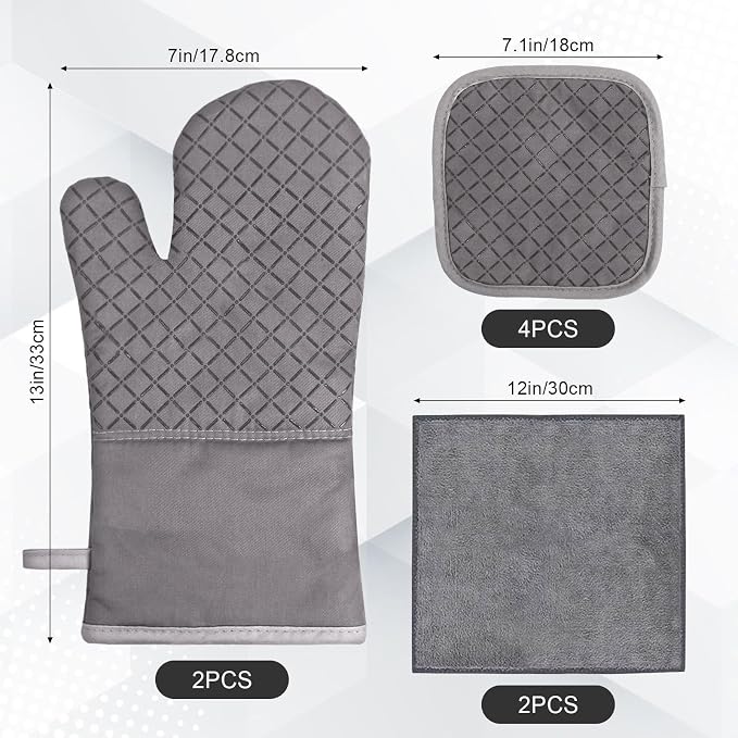Oven Mitts and Pot Holders Set, 8 Piece Oven Gloves with Silicone Grip, Cotton Pot Holders and Kitchen Towels, Heat Resistant to 500°F, Machine Washable, Kitchen Set for Cooking, Baking