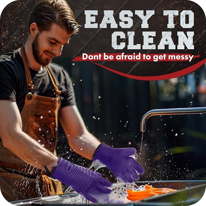KITCHEN PERFECTION S Silicone Smoker BBQ Gloves - Heat Resistant Oven Mitts | Waterproof, 5-Finger Design For A Better Grip, for Pitmasters, Meat Smoking, Grilling, Cooking, Frying Turkey | Grill Gift