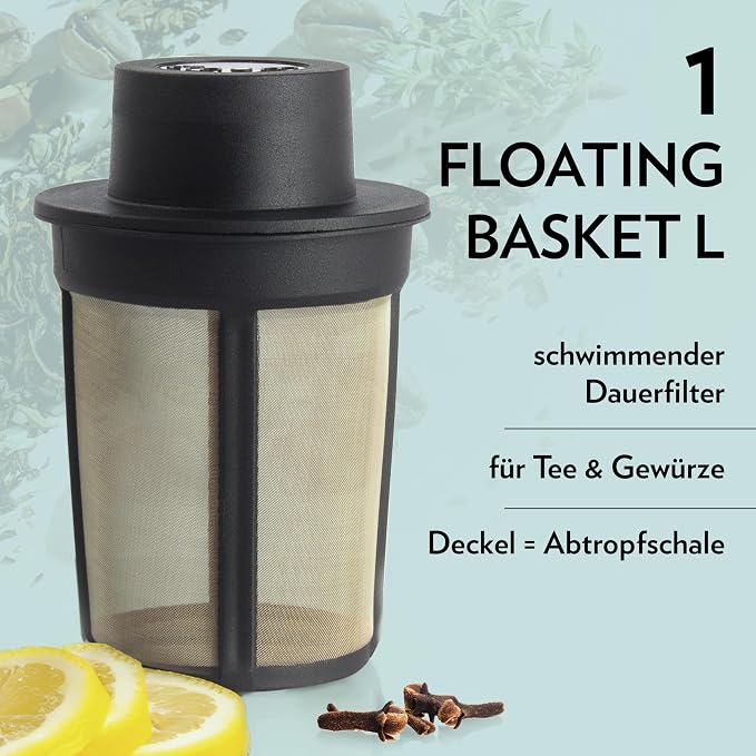 finum 63/421.41.00 Stainless Steel Loose-Leaf Floating Tea and Spice Infusing Basket, Large, Black