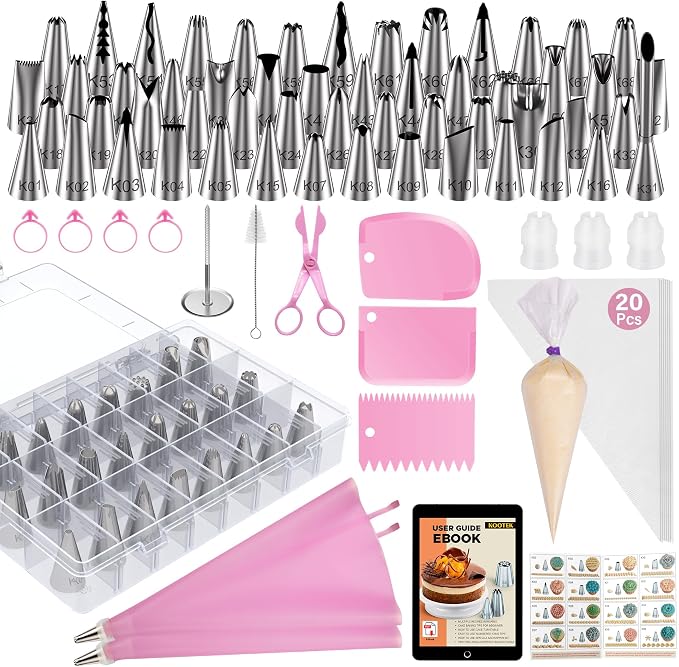 Kootek 90 Piping Bags and Tips Set Frosting Piping Kit for Beginners & Pros | Storage Case, Baking Supplies Kit, 55 Numbered Icing Tips, 20+2 Piping Bags, Pattern Chart, for Cupcake Cookie Cake Decoratin